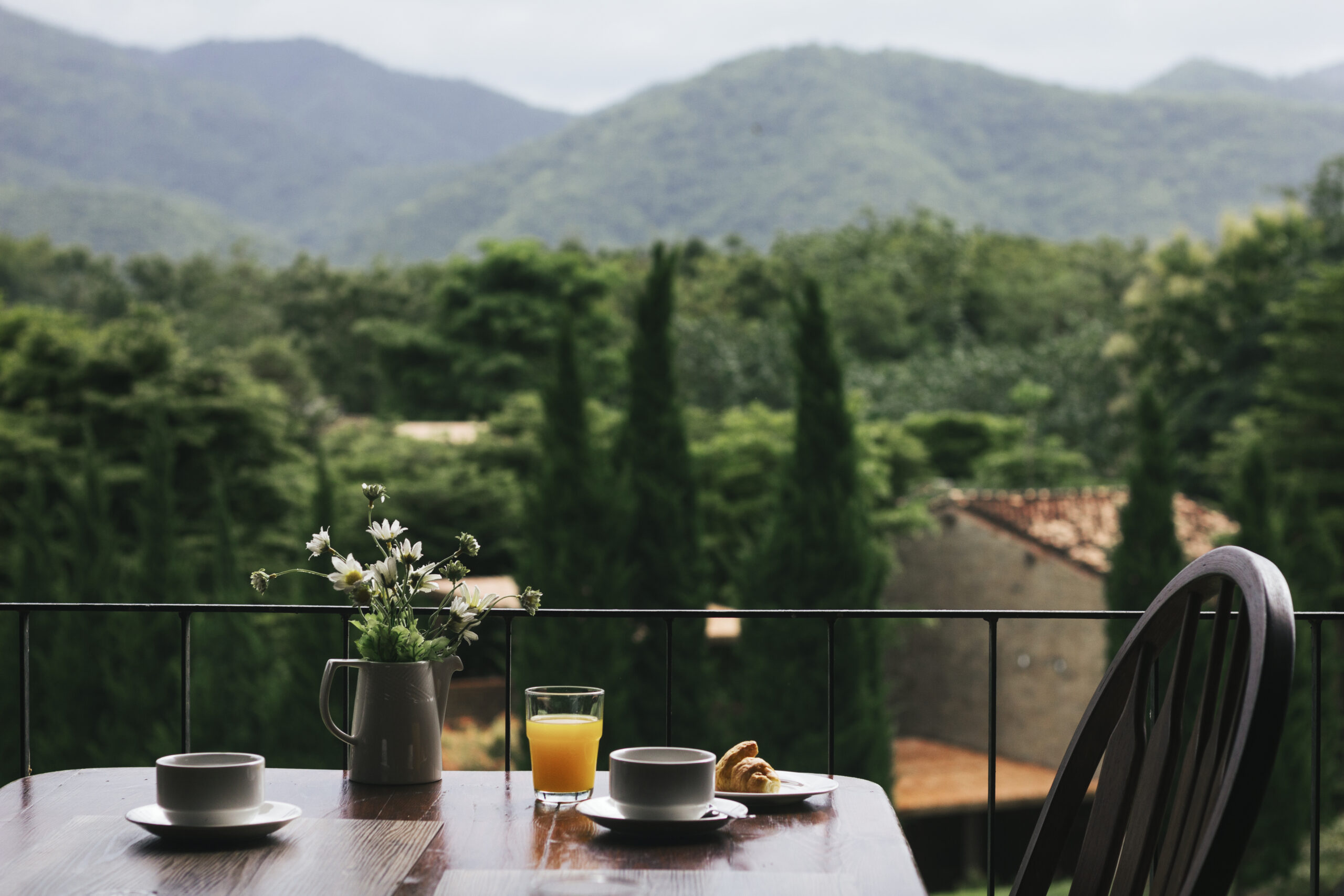 Table de petit-déjeuner sur terrasse avec vue sur collines boisées, dans une location de gîte dans l'Ain